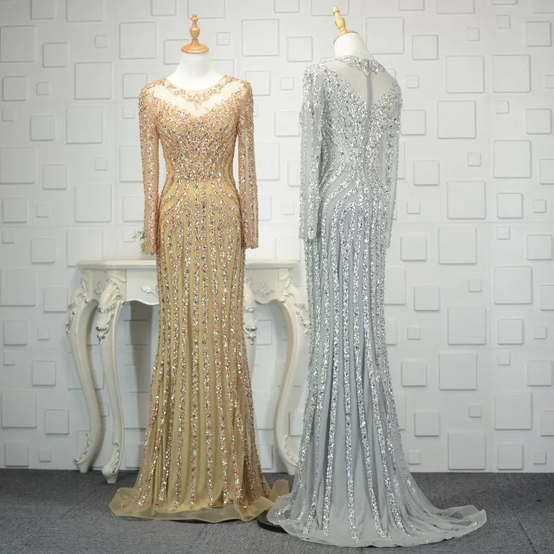 Black/Silver/Gold Luxury Long Sleeves Luxury Evening Dresses Mermaid Sexy Diamond Beading Formal Dress 2020 Plus Size Dress