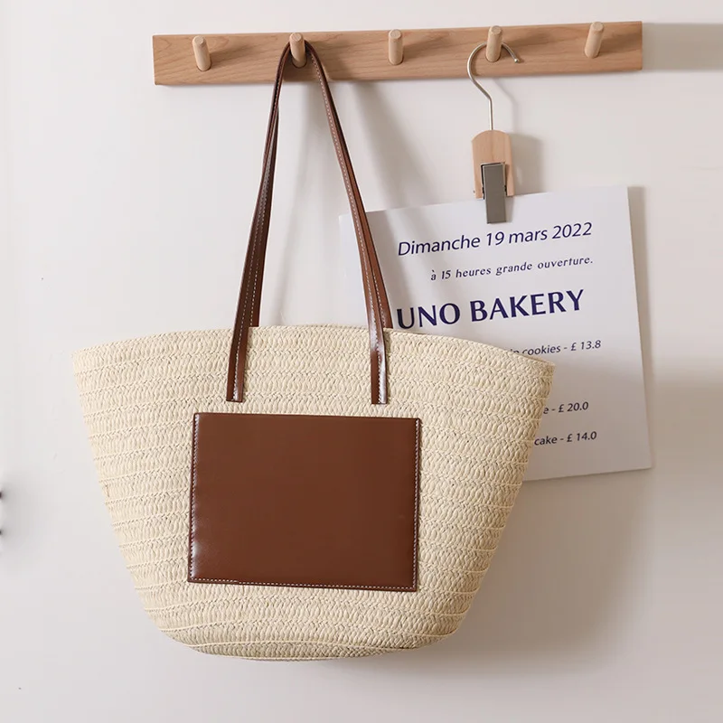 Extra Large Straw Woven Beach Bag Shoulder Bag Boho Straw Handle Tote Retro Paper Straw Bag With Pu Handle