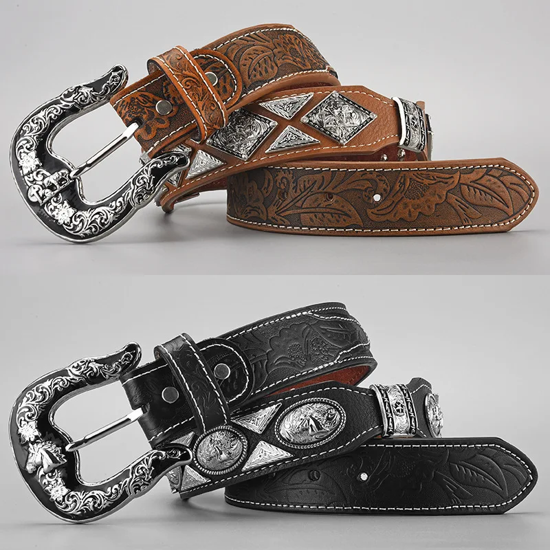 Mens Western Belt Cowboy Country Concho Leather Belt for Jeans Pants Belts
