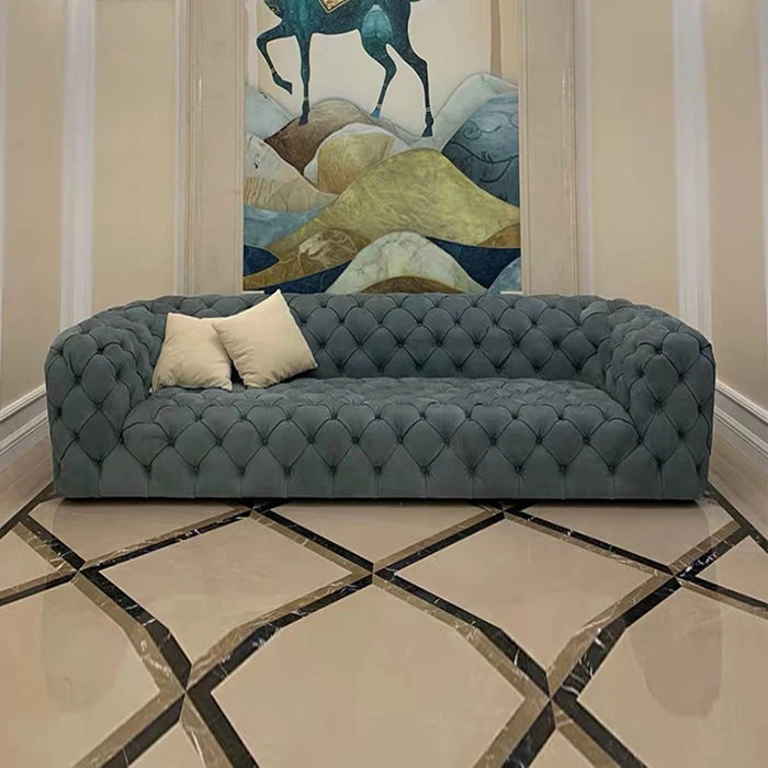 Mid Century Classic Sofa Chesterfield Blue Leather Lounge Sofa for Living Room Home tufted couch sofa sets