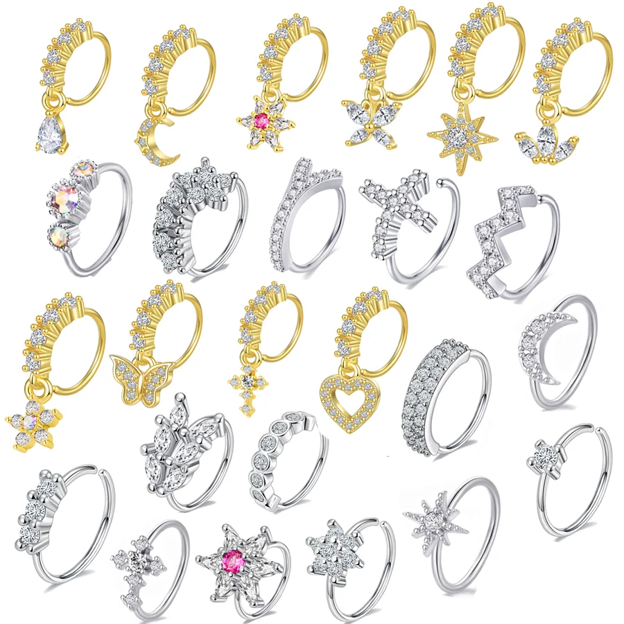 High Quality 14K Gold Plated Cubic Zirconia Cartilage Earring Nose Piercing Jewelry Cute Dangle Nose Rings Hoops for Women