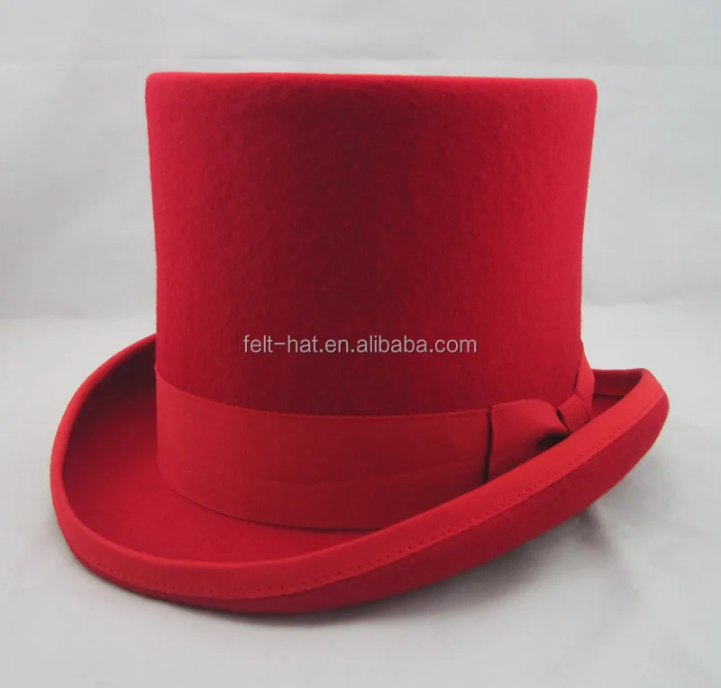 Festival 100% wool felt red top hat with feather trim