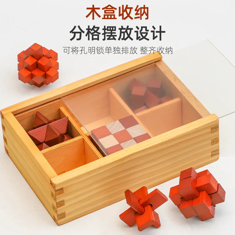 Hot sell Wooden 6pcs Kongming Lock Luban Lock Brain Teaser Fun Games initiation educational toys for teens kids Boys and Girls