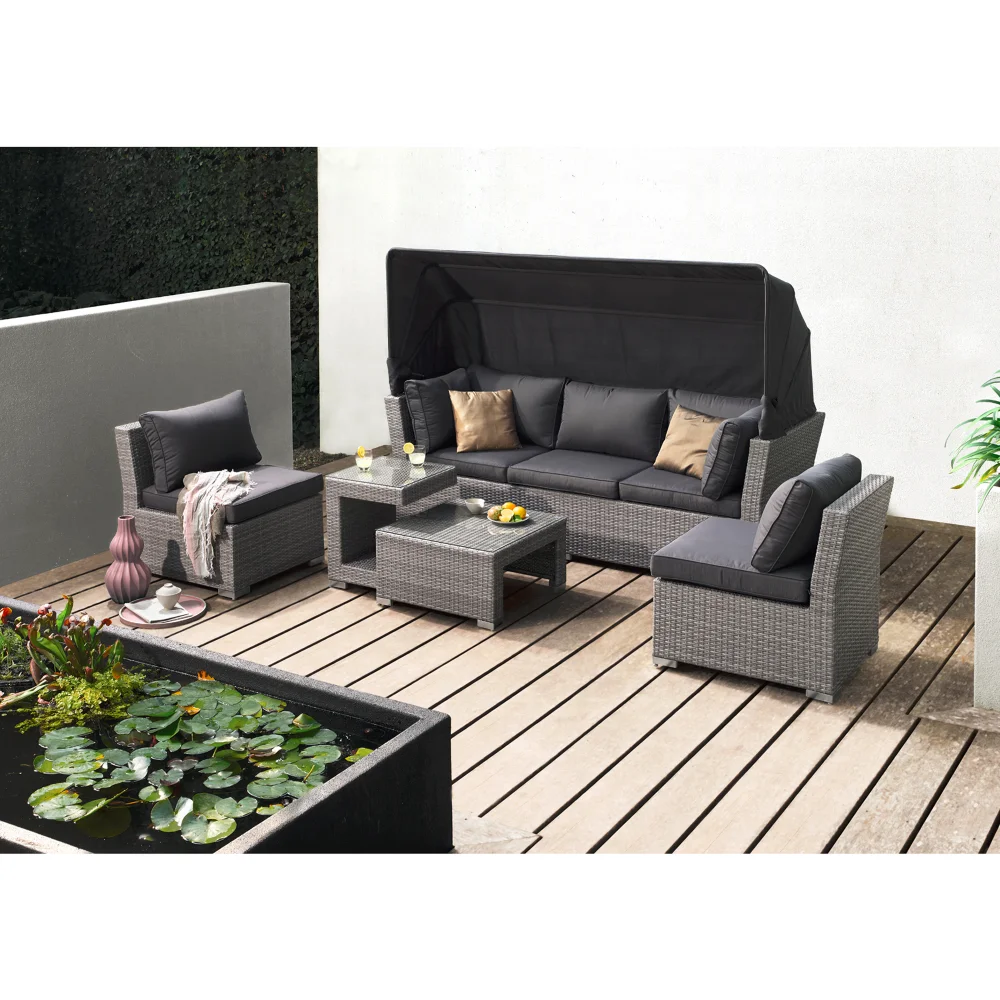 Polyrattan Function Seat Group Loungegroup Garden Furniture 5-piece Design Loungeset with Sofa Element & Stool Table-ottoman