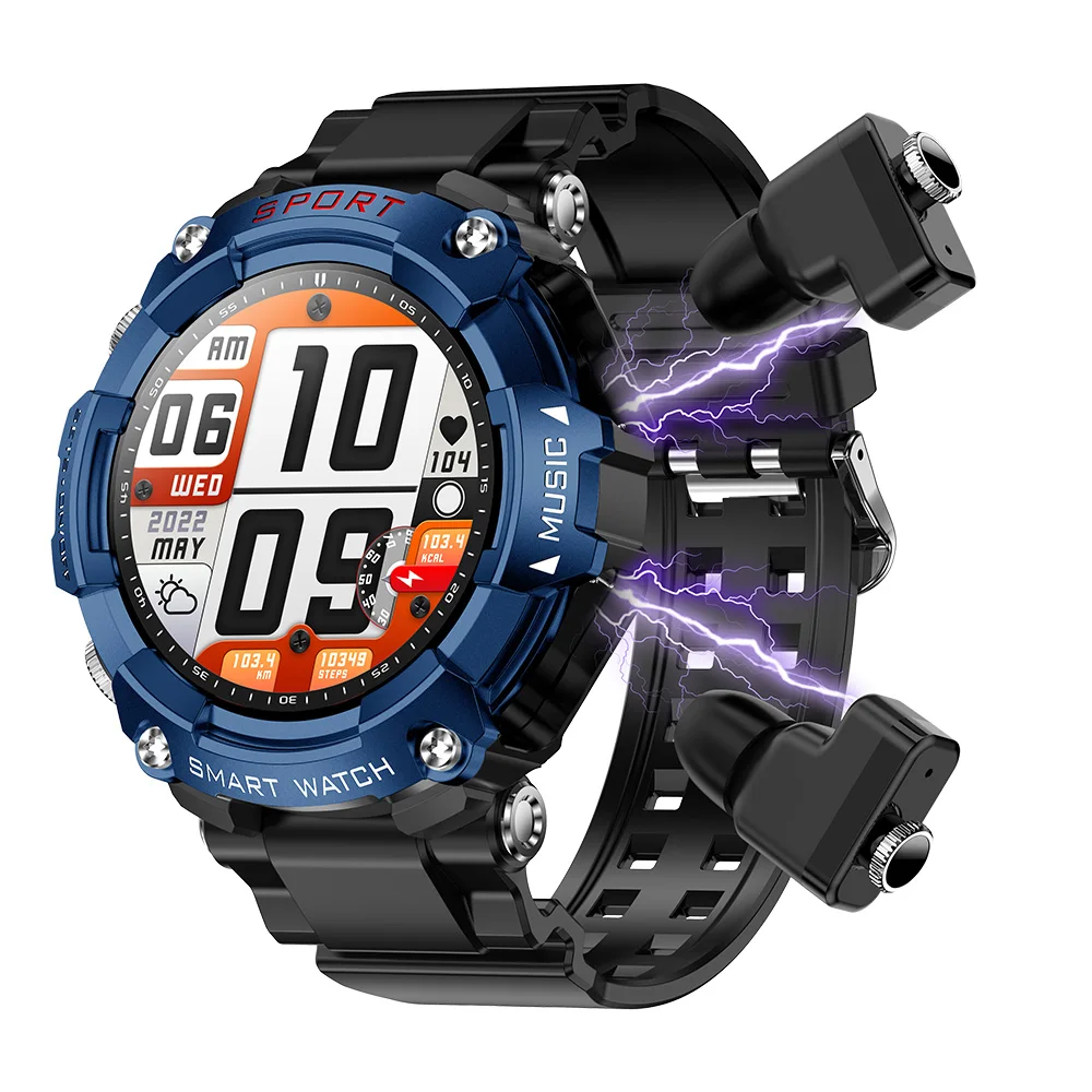 2024 New Men Smartwatch Round Shape Touch Screen Heart rate sport Monitoring T96 Smart Watch with Earbuds 2 in 1