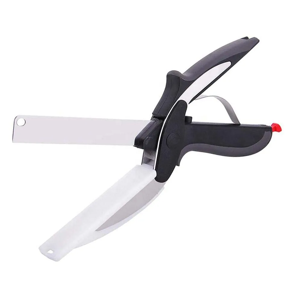 HelloWorld 2in1 Food Fruit Vegetable Cutting Scissors Multipurpose Stainless Steel Kitchen Scissor with Knife and Cutting Board