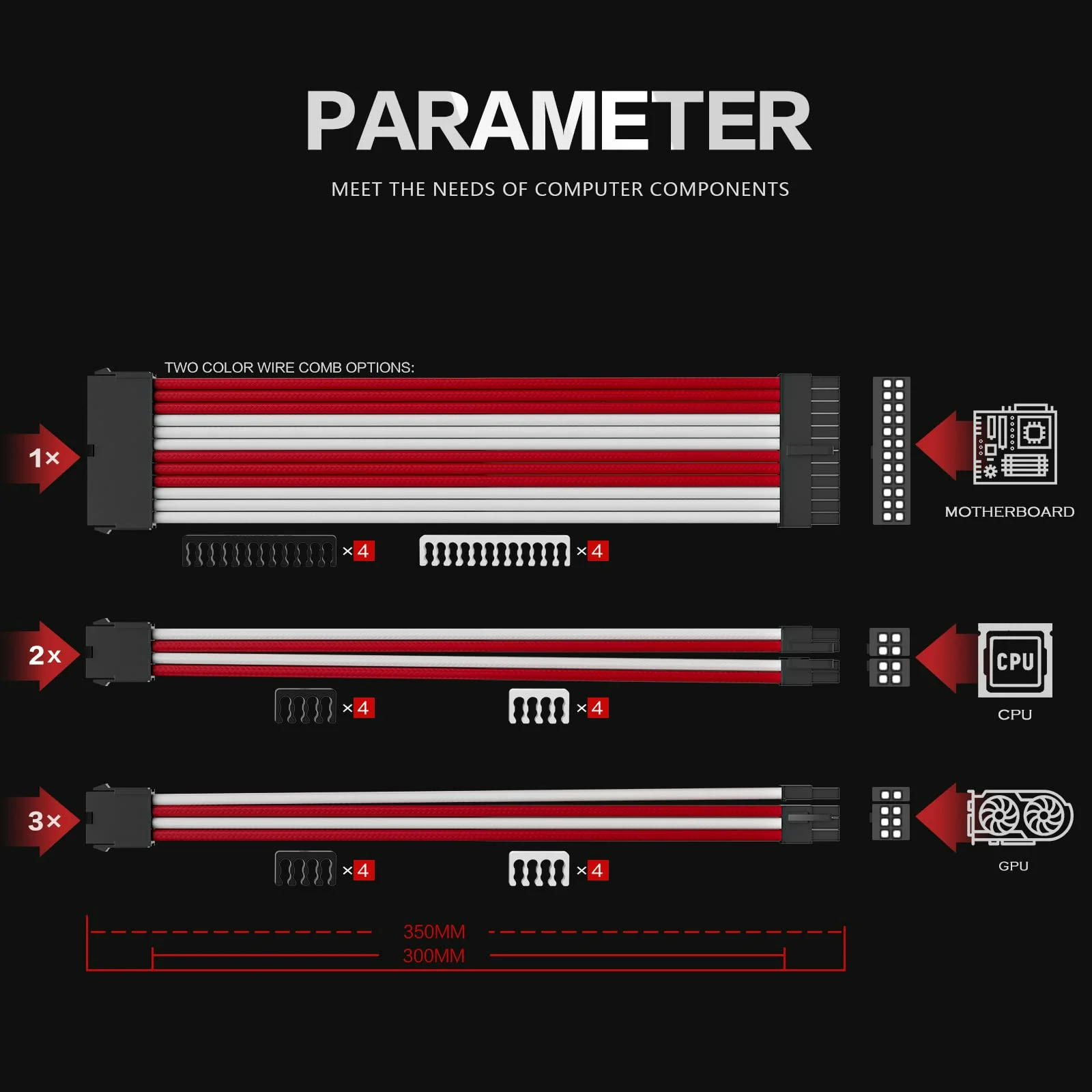 Power Supply with Extra-Sleeved 24-PIN 6-PIN 4+4 PIN Sleeve Extension Power Supply Cable Kit
