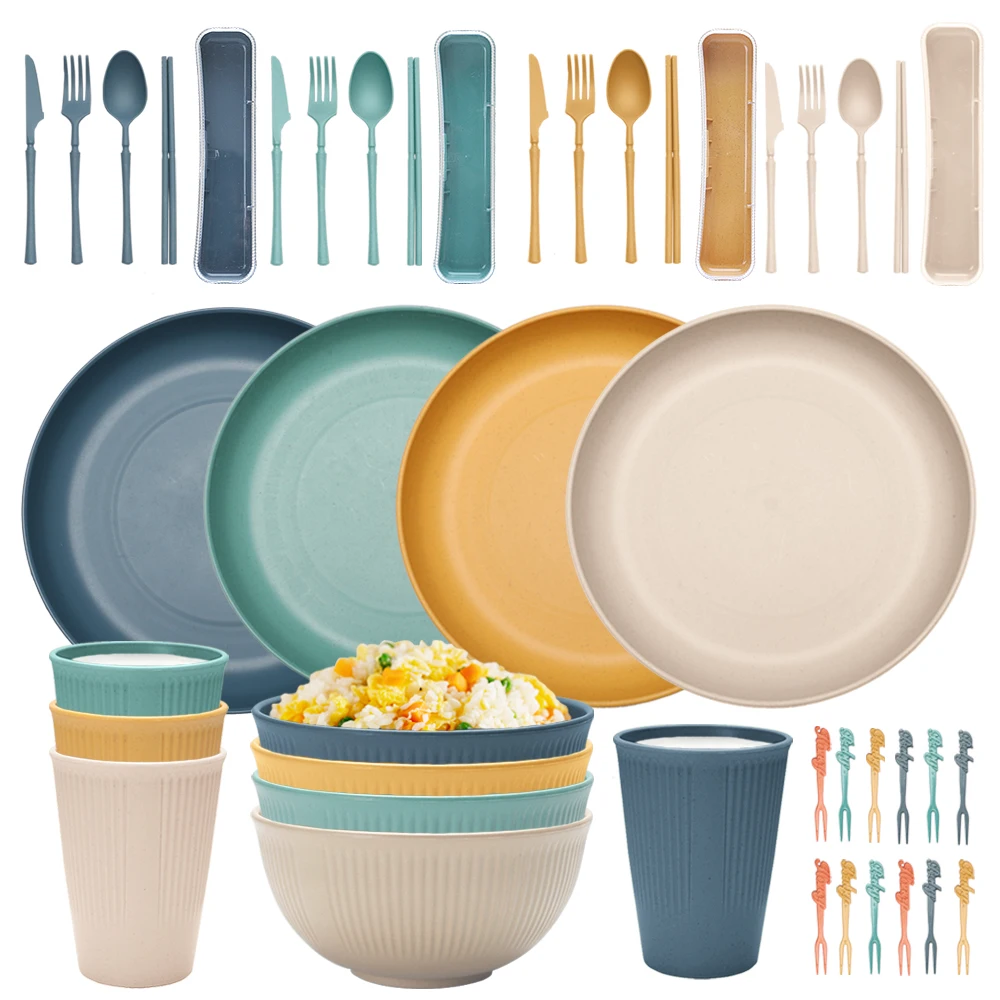 Wheat Straw Dinnerware Set Reusable Eco Friendly Wheat Straw Plastic Dinnerware Set Dinner Tableware Set For Kids