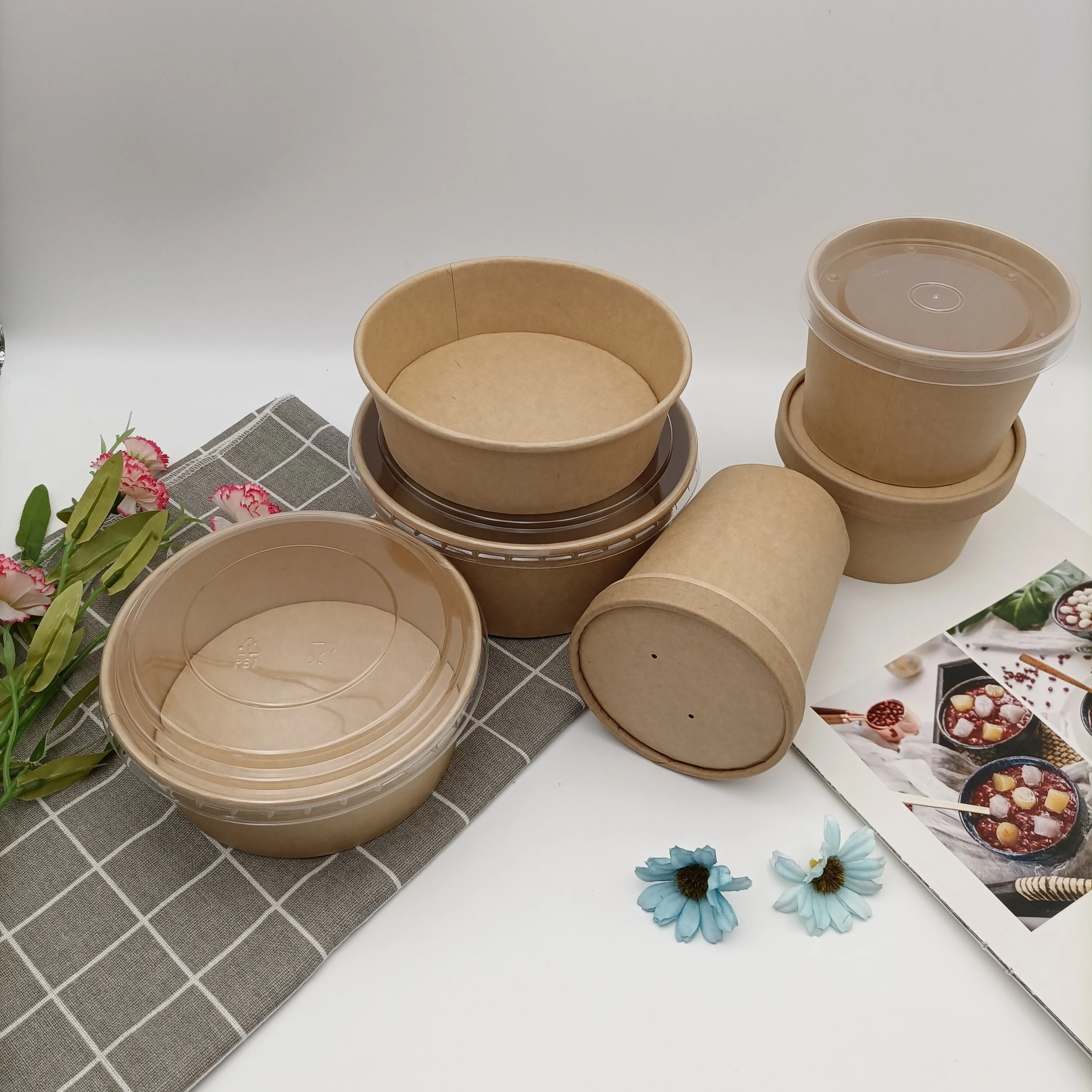 Wholesale Stock Biodegradable Disposable Takeaway Kraft Paper Bowls Large Container 40 Oz Salad Bowl With