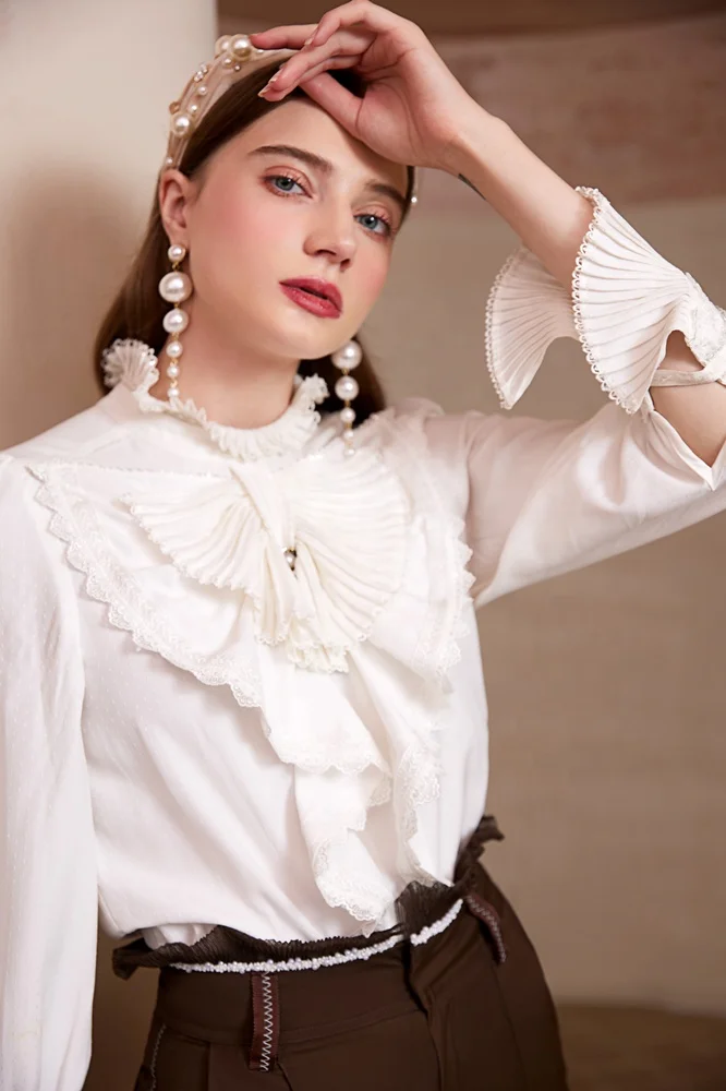 bow collar blouses for women 2022 Custom elegant women The cuff pressure plait shirts blouses woman Chiffon blouse