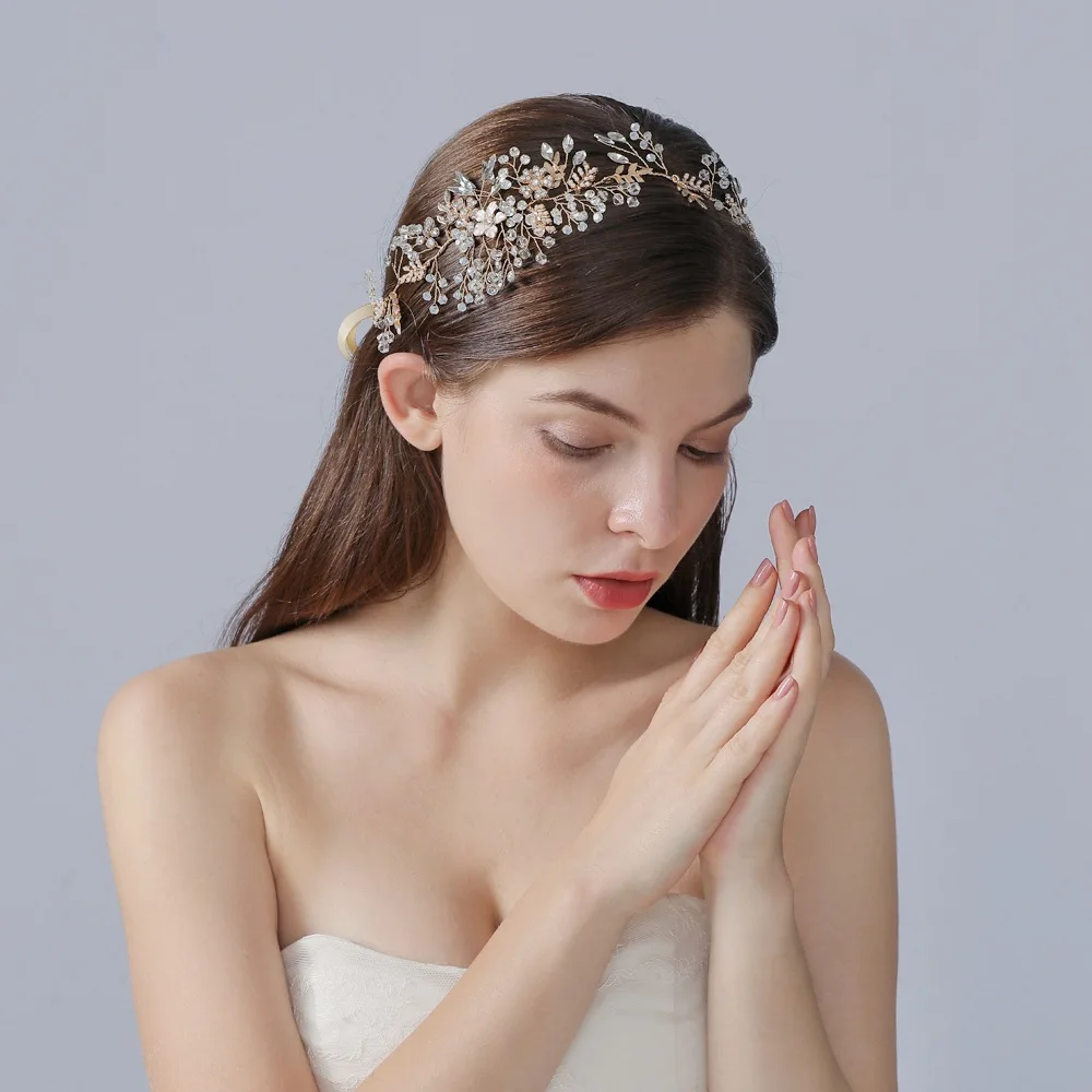Bridal Hairband New Wedding Tiara Gold Leaf Crystal Alloy Rhinestone Tiara Birthday Party Women Bridal Hair Accessories