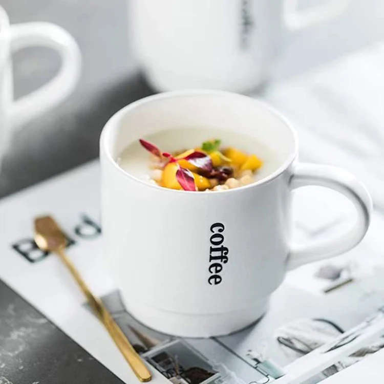 Hot   Ceramic Coffee Cup Set Of 4 Black Matte Black Stackable Tea Cocoa Milk Gift Mug Set With Rack