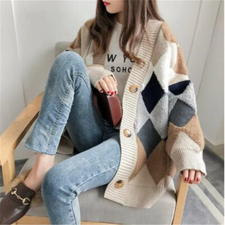 Women's 2023 Autumn Winter Puff Sleeve Sweater Casual Loose Single Breasted V-Neck Plaid Cardigans