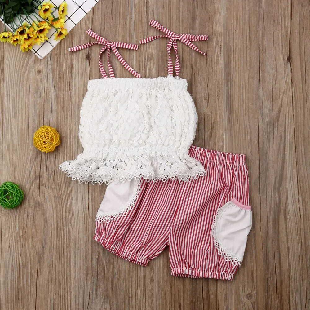 
Girl Sweet Summer Outfit Baby White Lace Ruffle Tops & Striped Bloomers 2pcs Sets 