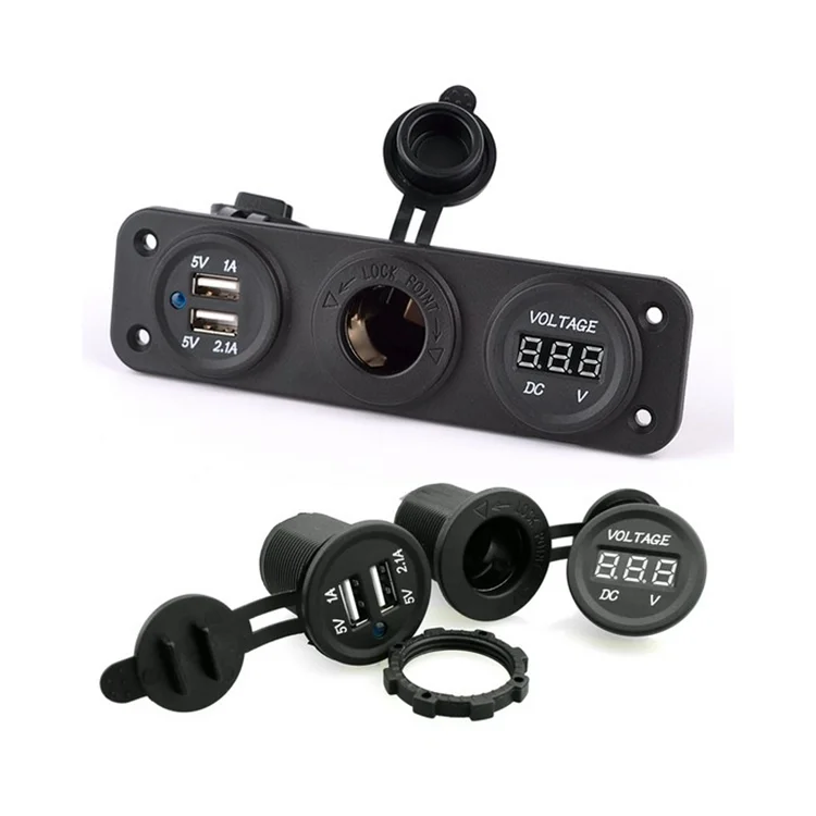 12V white waterproof dual USB automobiles charger adapter socket with the tent digital ammeter and voltmeter