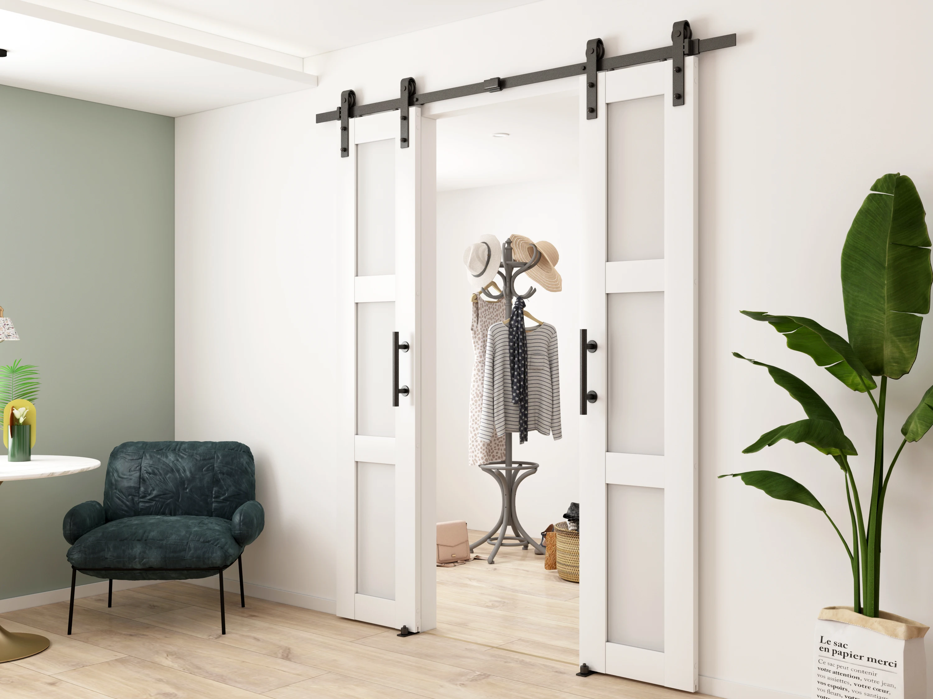 DIY barn door panel with hardware kit,  PVC Primed 3 Glass Panel, Need to Assemble, Hardware