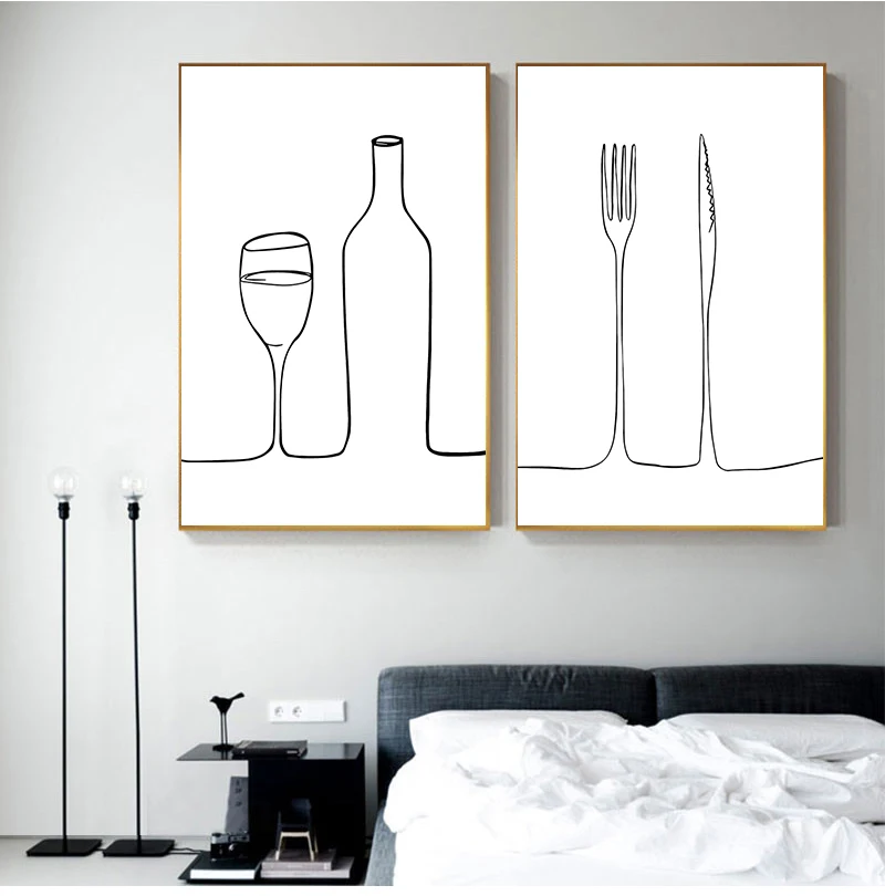 Home Decor Nordic kitchen Style Pictures Print Line Coffee Red Wine Knife Fork  wall art canvas poster painting decor