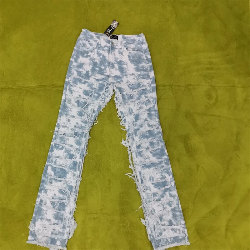 Custom Ripped Distressed Patched Streetwear Washed Camouflage Denim Jeans For Men