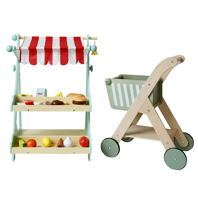 2022 New style hot selling simulation cookhouse supermarket toy children wooden shopping cart store set toys