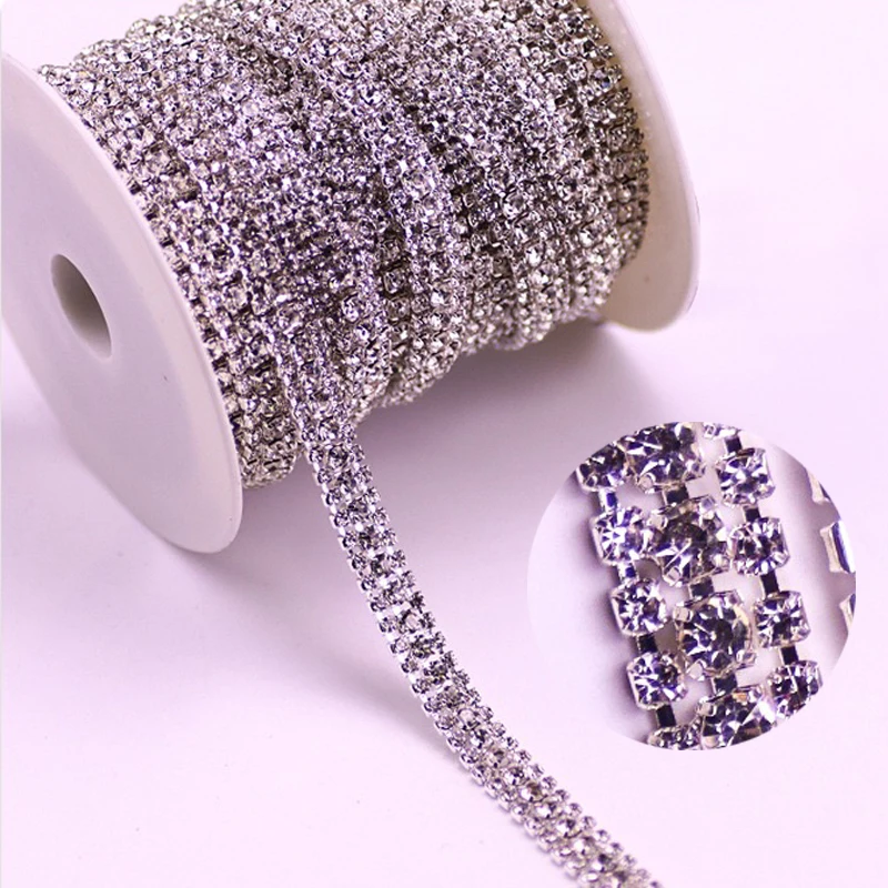 stock wholesale 3 rows claw drills sideling 9mm Crystal Rhinestone chains clear Black Gleaming Ribbon Applique Bridal