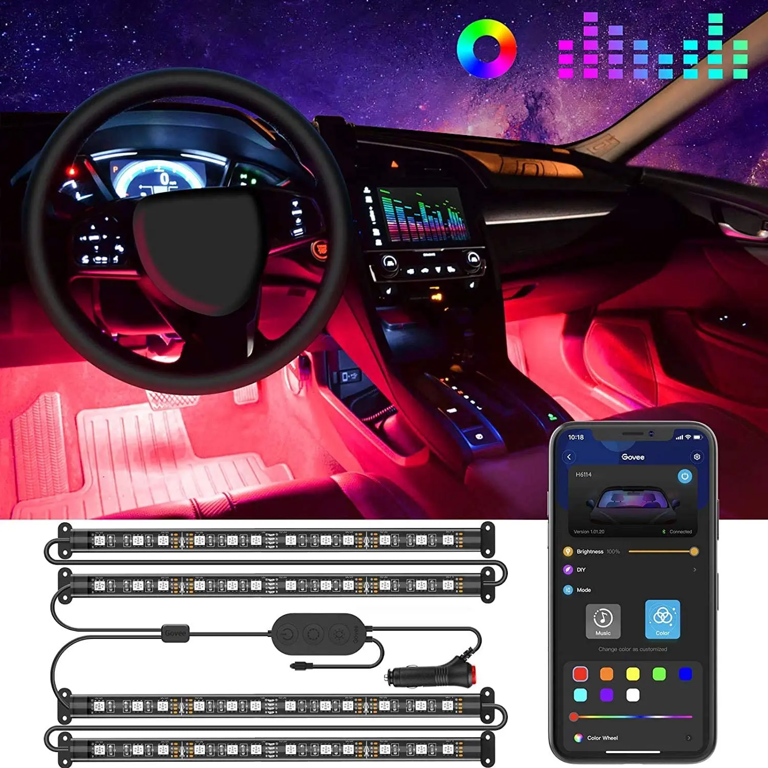  Новая автоматическая светодиодная RGB атмосфера полосы света 24/36/48 светодиодный беспроводной пульт дистанционного управления голосового ног лампы Авто Декоративные Атмосферу