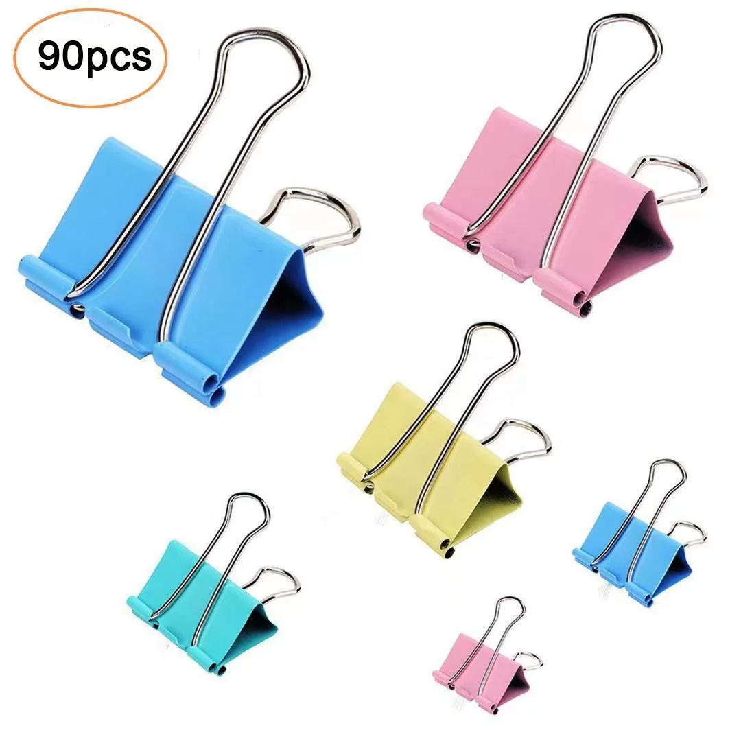 Customized packing popular assorted 6sizes 90pcs metal color binder clips  for office school  and home