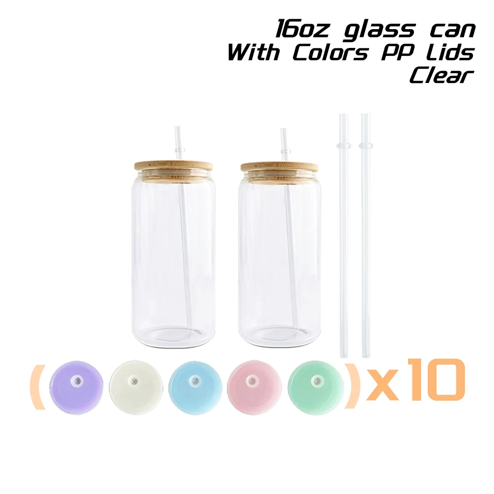 USA Warehouse 16oz Frosted Clear Beer Cups Sublimation Blanks Glass Can with Plastic 5 mixed color lids Bamboo Lid Plastic Straw