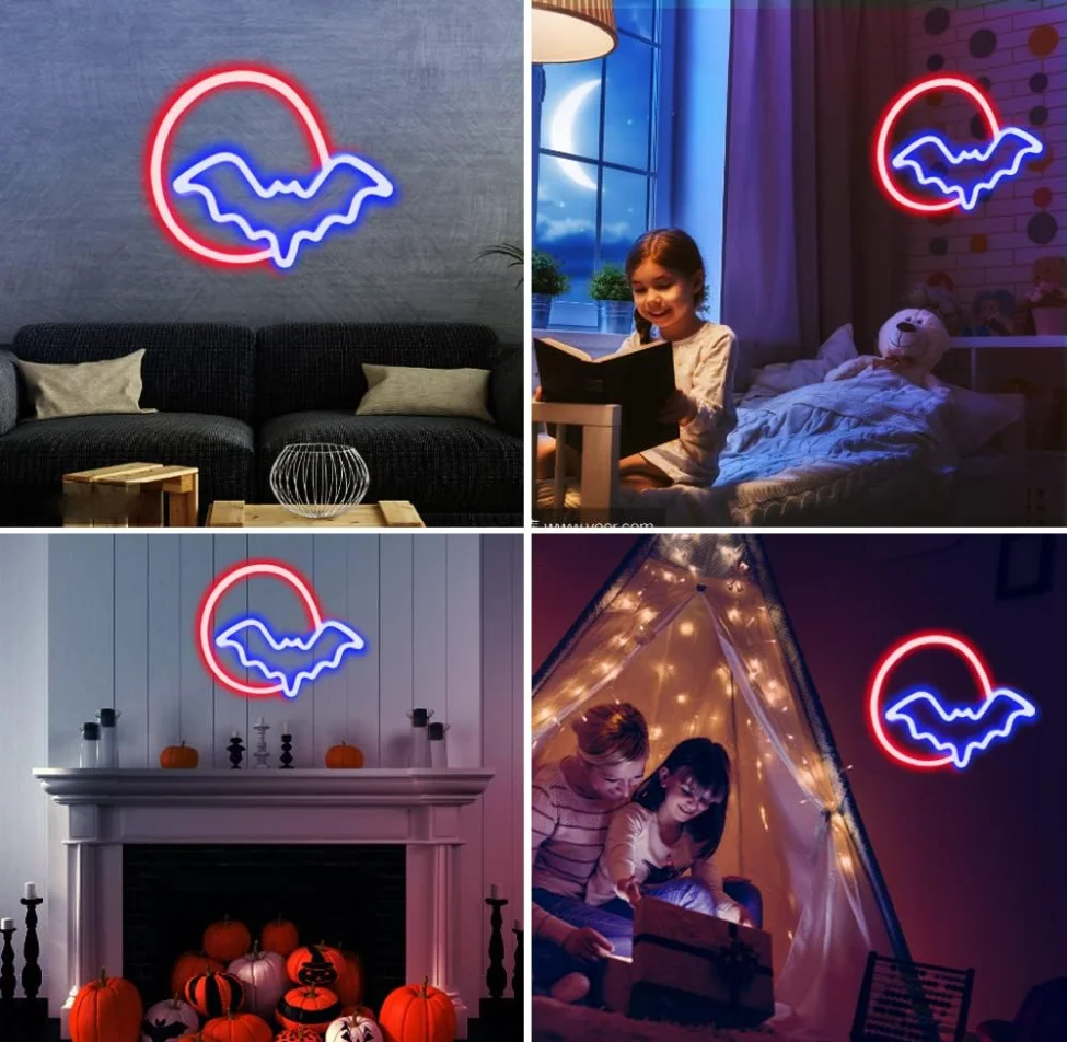 Halloween Usb Battery Operated Neon Light Night Lamp Led Moon and Bat Neon Sign For Wall Kids Room Party Gift Bar Decoration