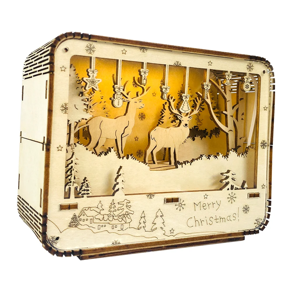 Creative Design Glow Toys Christmas Decorations Deer Rudolph DIY Luminous Box Kids Assembled Kits Wooden 3D Puzzles Gift