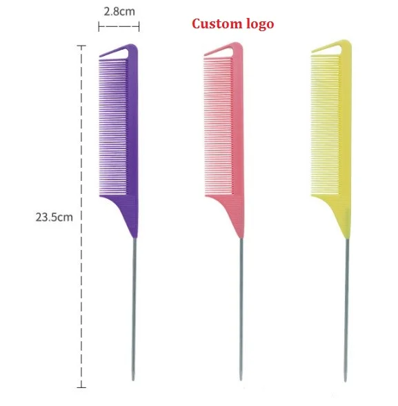 Hair Styling Antistatic Heat Resistant Custom Logo Peine Carbon Hair Precision Metal Rat Tail Parting Comb With Private Label