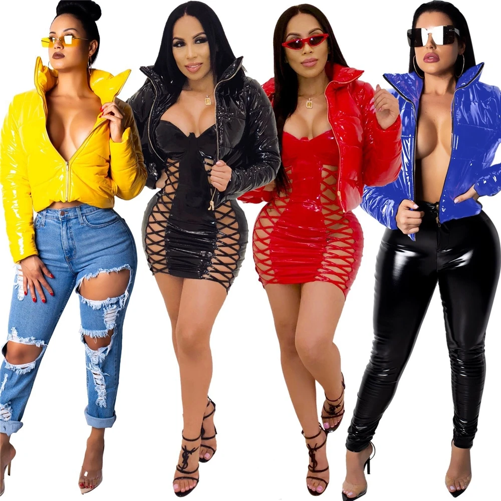 2021 New Coat Bright Quilted Long Sleeve Zipper Bubble Crop Coats puff jacket Ladies Shiny Leather Down Jacket Women