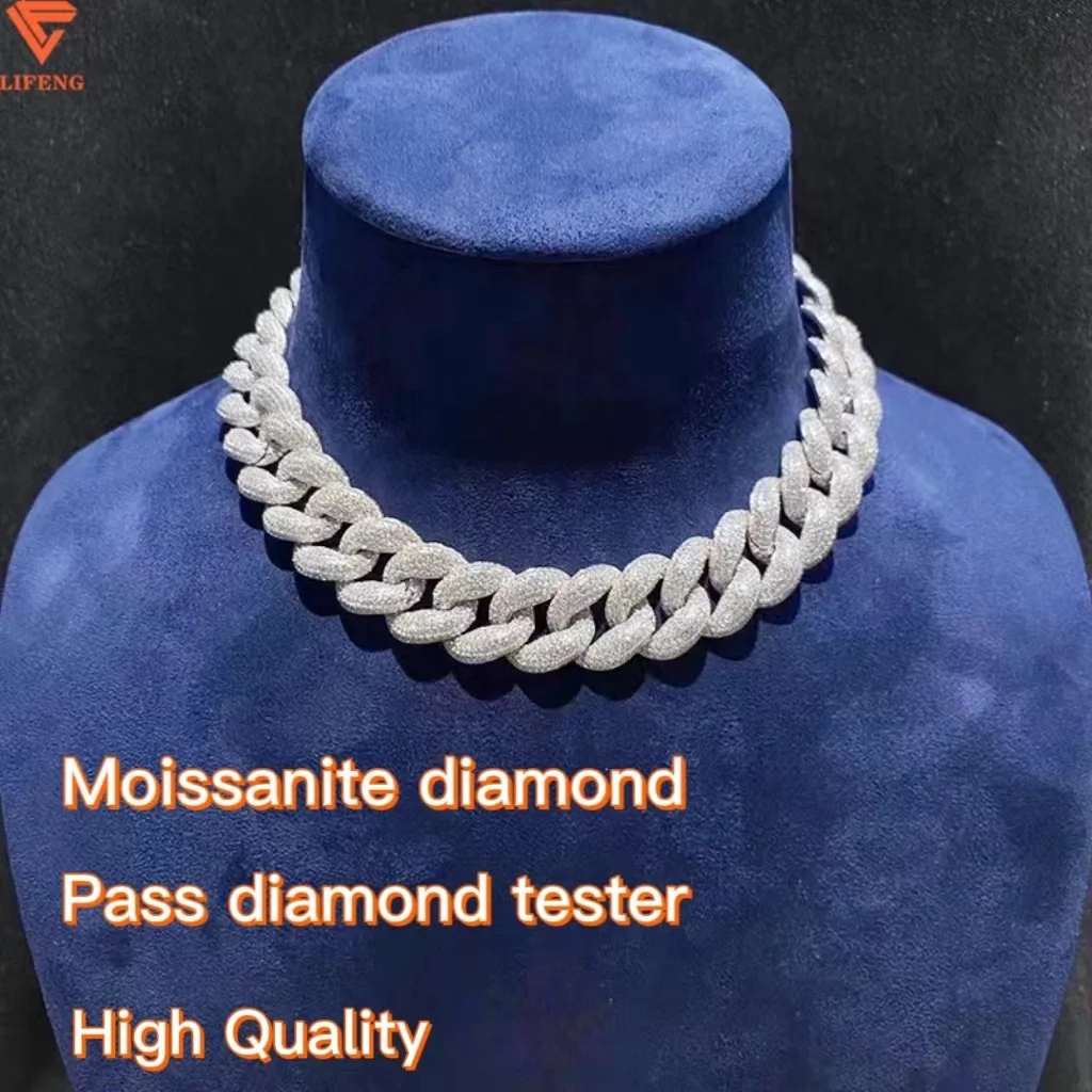 18MM 925 Sterling Silver Miami Cuban Necklace Iced Out Hiphop Moissanite Diamond White Gold Color Cuban Link Chain Necklace