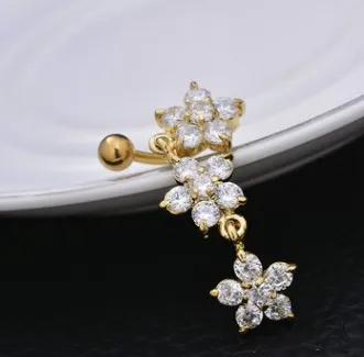 BELLEGIRL 2021 wholesale unique Stainless steel zircon Upside down zircon plum gold belly button ring dangling nose rings