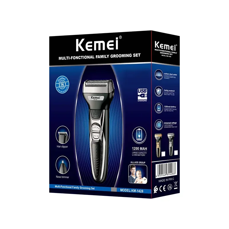 Kemei KM-1428 Usb Rechargeable Electric Shaver Multifunctional Hair Trimmer Lady Shaver 1200MA Three In One Electric Razor