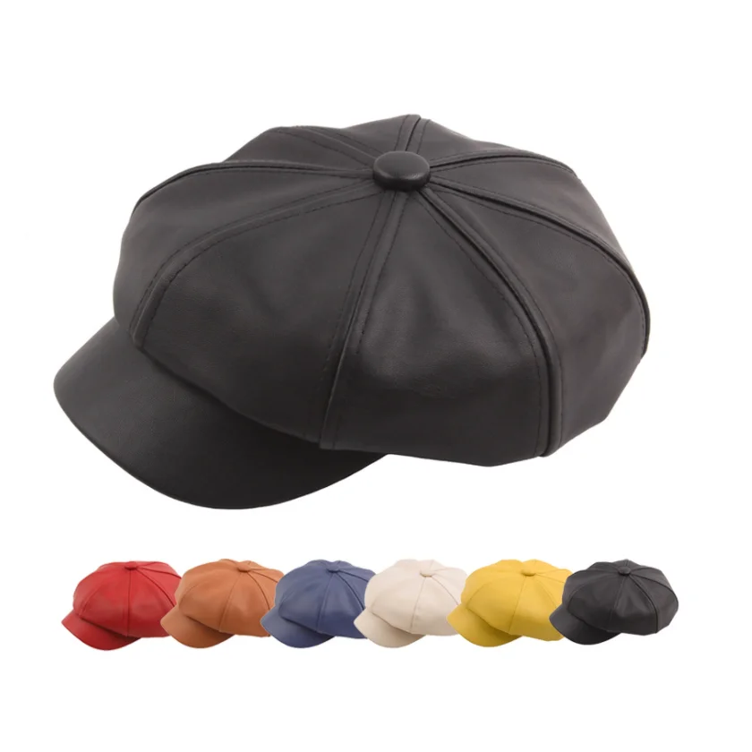 Wholesale Cheap Winter Autumn Octagonal Flat Beret Newsboy Cap Pu Faux Leather Beret Painter Hat For Women