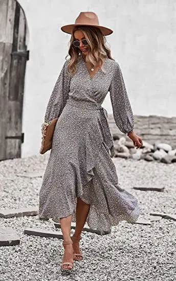 Женское Пляжное Платье макси с V-образным вырезом и длинным рукавом