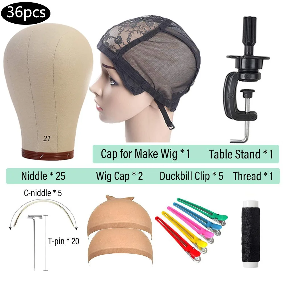 Wholesale 21 Inch Canvas Wig Head,Manikin Canvas Head Block Set for Wigs Making Display with Wig caps,T Pins DIY Set