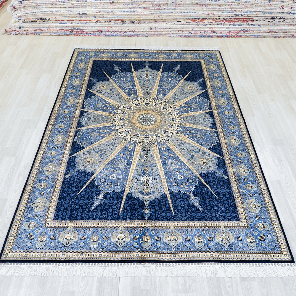 Pure Silk Handmade Turkey Dubai Indian Factory Samarkand Blue Turkish Carpet for Living Room