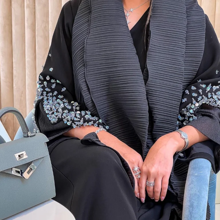 Custom 100% natural Jersey Fabric Black Eid Beads Sequins Embroidery Muslim Abaya Jalabiya For Women