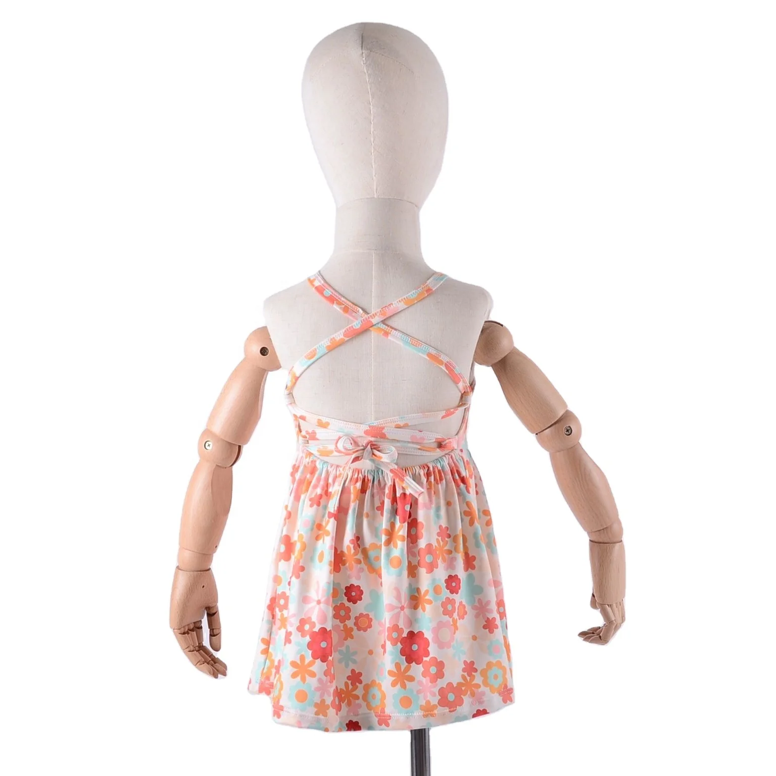 One piece custom 230g fabric back cross skirt girls spring summer twirl dress printing dress flare sleeve T-shirt girls dress