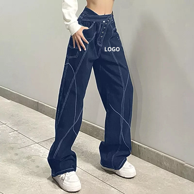 BY21 Vintage High Waist Women Jeans With Belt Korean Fashion Female Streetwear Wide Leg Jean Straight Baggy Mom Denim Pants