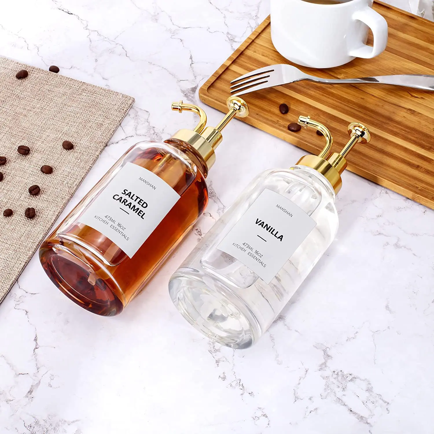 High Quality Coffee Bar Accessories Gold Coffee Pump Dispenser Glass Coffee Syrup Dispenser with Labels