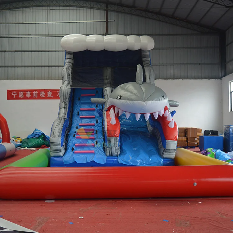 Commercial giant shark inflatable water slide with pool for sale