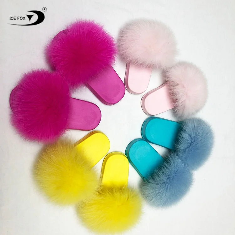  Cheap Factory Directly Wholesale Non Slip Rainbow Colors Custom Designer Real Fur Slide Sandals For