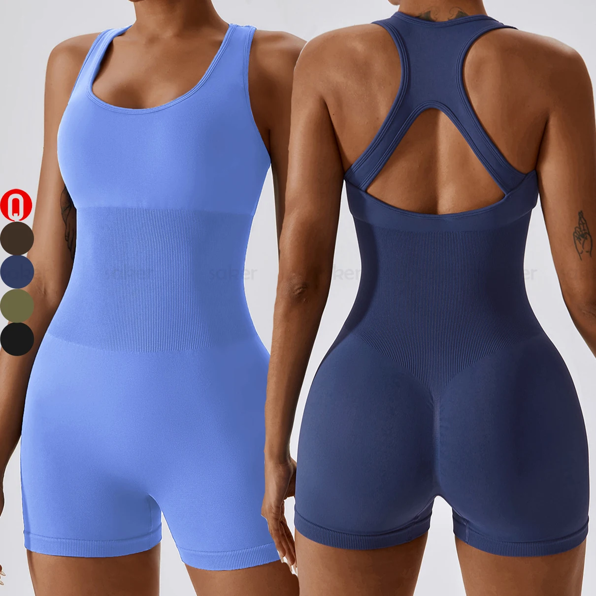 2023 Custom one piece yoga jumpsuit seamless bodycon for women workout ribbed shorts rompers sleeveless activewear jumpsuit