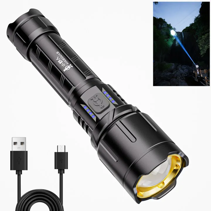 LED Flashlight, Rechargeable 4 Modes Tactical Flashlights Dual Indicators Laser Wick Zoom Waterproof for Outdoors Emergency