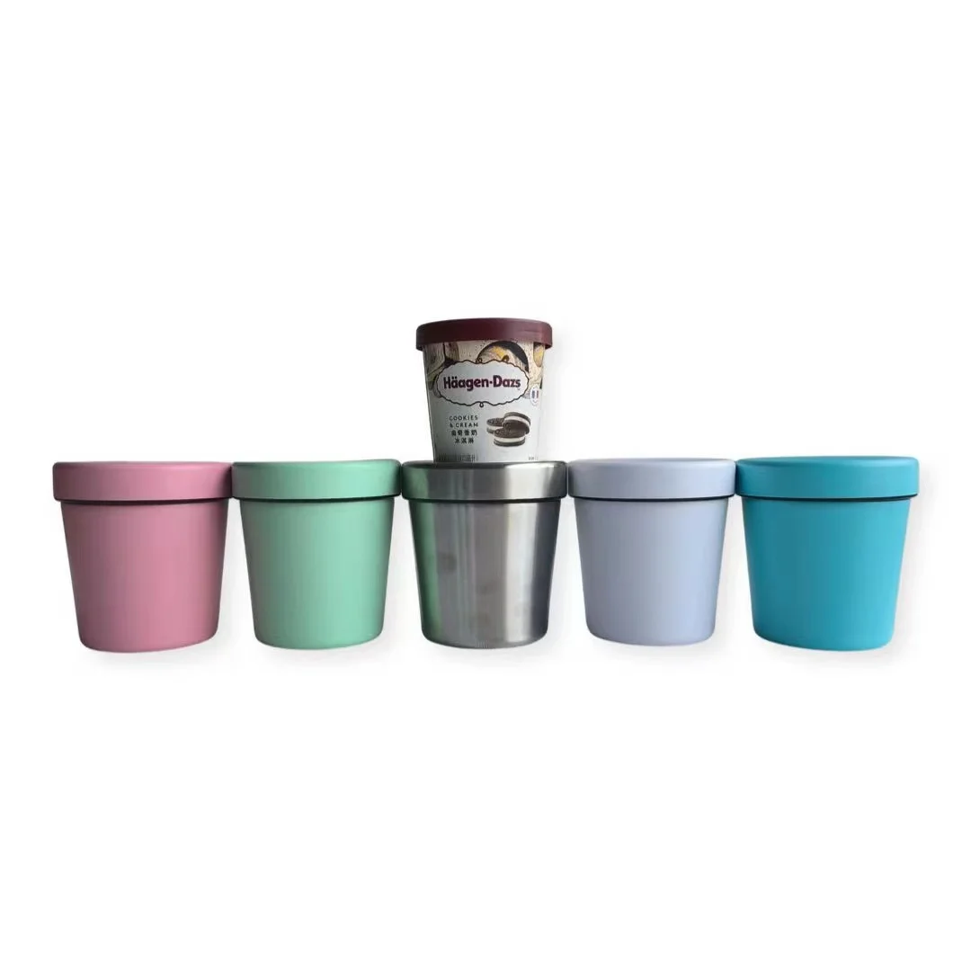 Custom Prints Ice Cream Container With Lid Popular Ice Cream Thermo Container 16oz ice cream stainless steel container