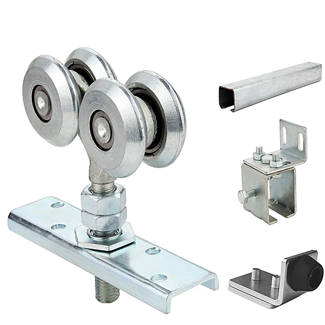 Silver Sliding Track Roller Hanging Barn Door Rail Trolley Wheel With Track And Fixing Bracket