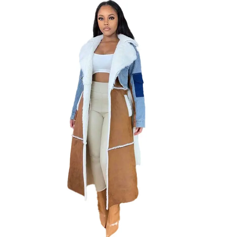 Women Jean Wool Jacket Patchwork Cropped Cardigan Hoodie Trench Coat Women Winter Fur Coat Fur Jacket