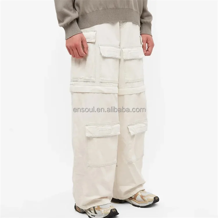 OEM Custom beige zip off at the knees shorts multiple pockets oversized cargo pants for men